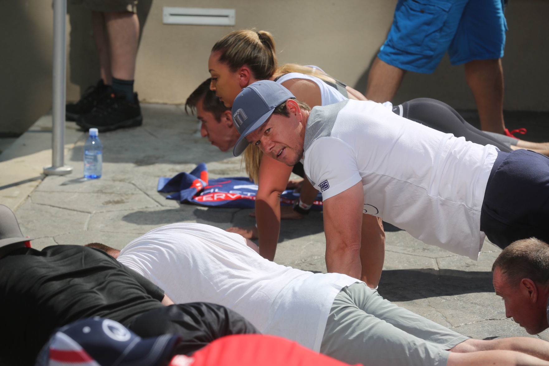Actor Mark Wahlberg helps to lead a F45 track workout at Ocean Casino Resort in Atlantic City as part of the casino's one-year anniversary Saturday, June 22, 2019.
